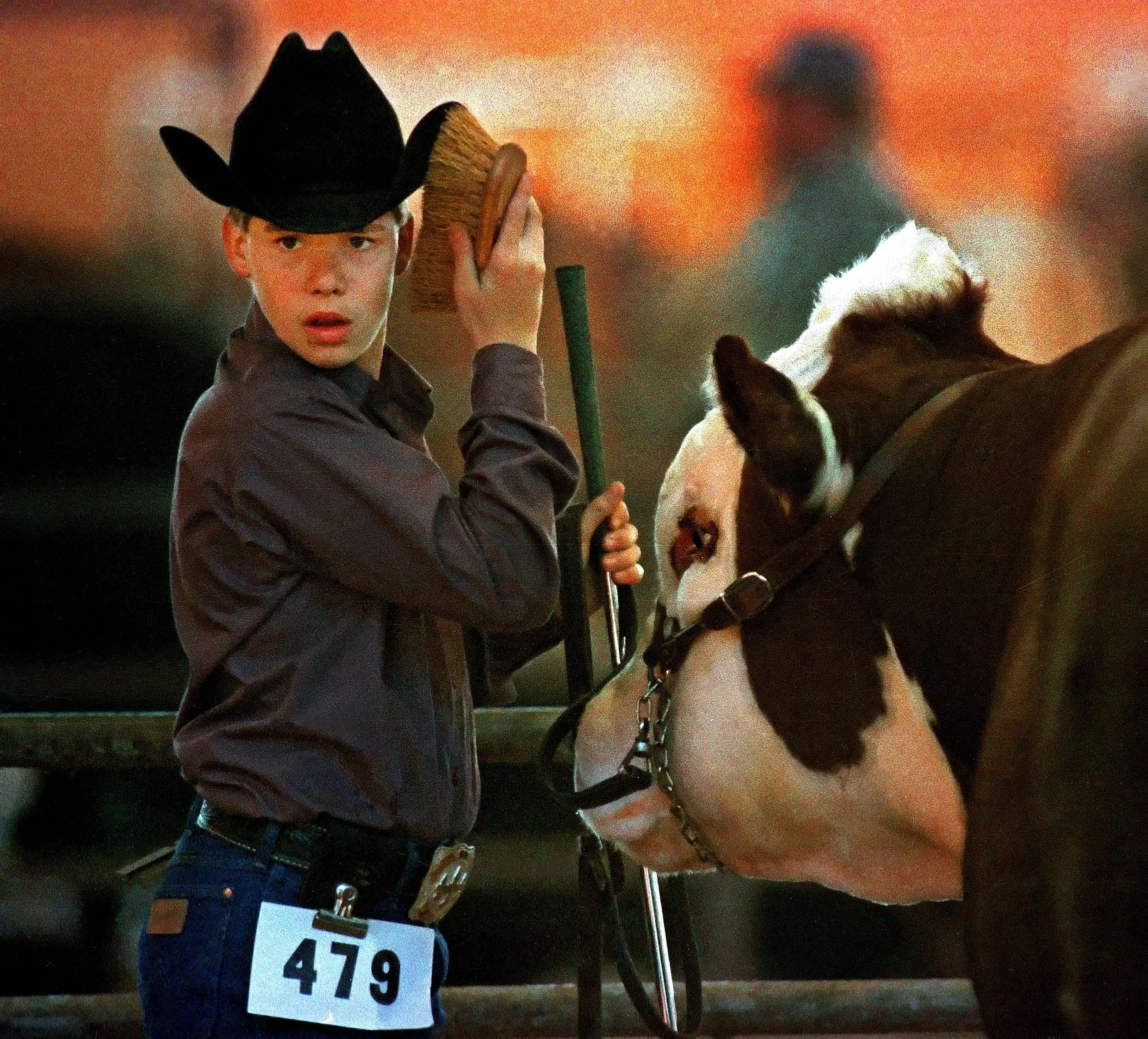 Beefing Up — Reemy Forbes, 12, was grooming his two-year-old Polled Hereford “Skeeter” until he decided his new cowboy hat required tidying up instead. A neglected Skeeter was no worse for the wear as he won grand champion status several minutes later at the Louisiana State University AgCenter Livestock Show in a Baton Rouge, Louisiana.  (Photo by Stephan Savoia)  Published by The Baton Rouge Louisiana State-Times & Morning Advocate Circa Mid 1980s